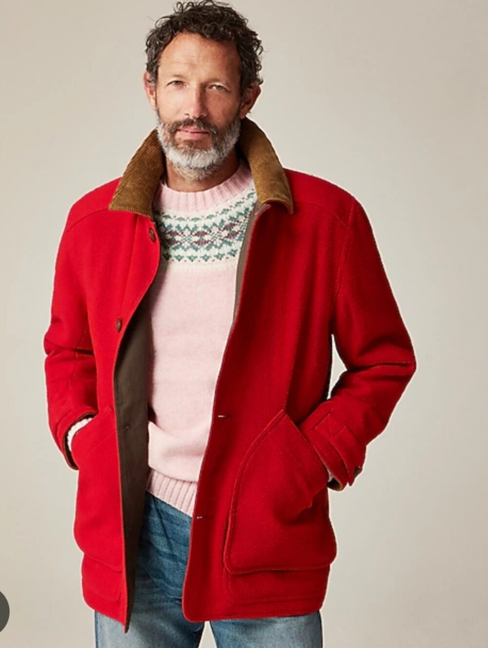 J. Crew Men's Barn Jacket in Wool with Corduroy Collar - Red